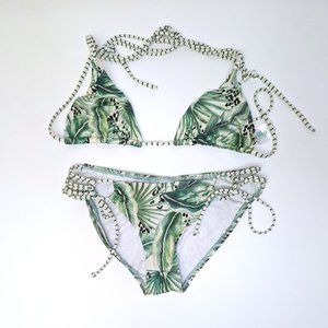 Piha Swimwear Beach Swim Green Palms Print Trimmed Loop Bikini Set Women's Sz 8